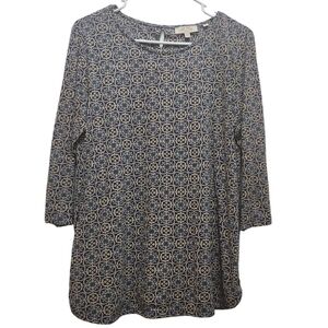 Fat Face United Kingdom Blue Tan Damask 3/4 Sleeve Blouse Boho Bohemian Casual